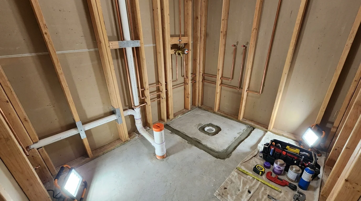 Bathroom rough-in plumbing during remodel by Johns Plumbing LLC in Muenster