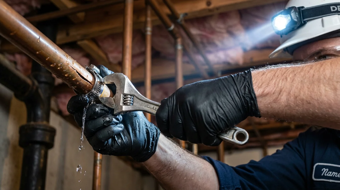 Emergency pipe clamp repair being performed by a Johns Plumbing LLC plumber in Muenster