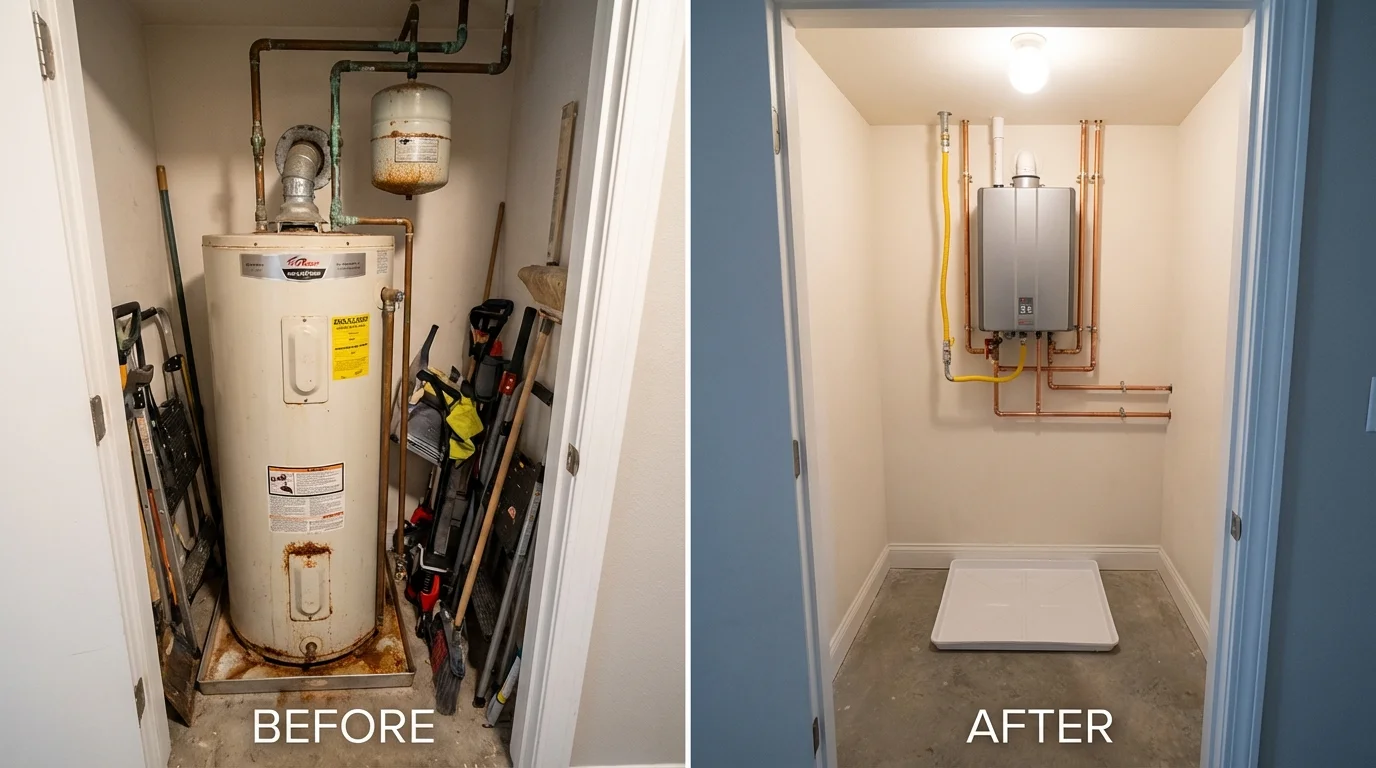 Tank water heater versus wall-mounted tankless unit comparison for Muenster, TX homeowners