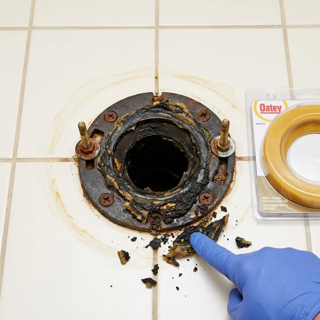 Failed wax ring showing water seepage at the base of a toilet in a Muenster, TX home