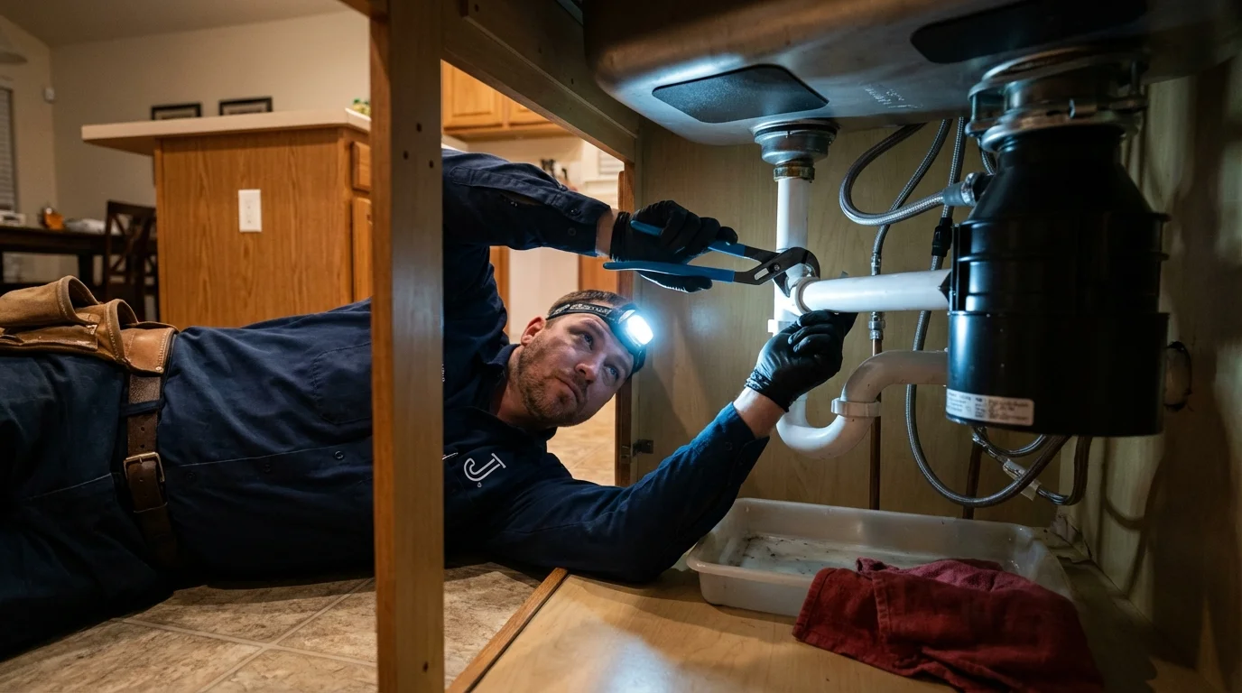 P-trap and supply line connections under a kitchen sink showing a common leak point in Muenster, TX